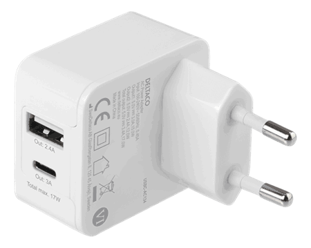 Dual USB wall charger 1x USB-A, 1x USB-C,