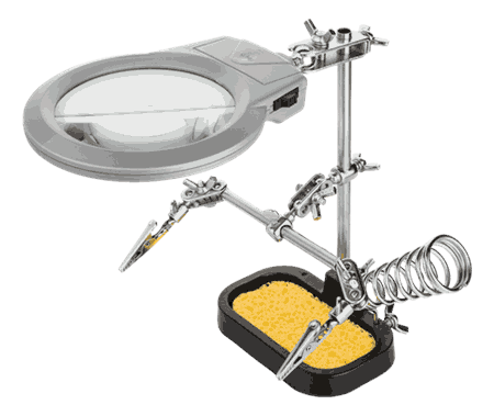 Third hand soldering support with magnifier and holder