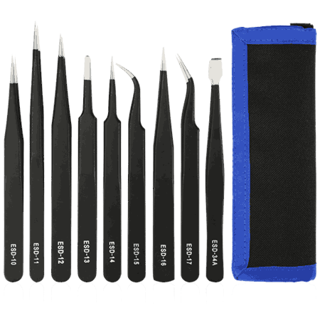 Tweezer kit, 9 pieces, ESD, black