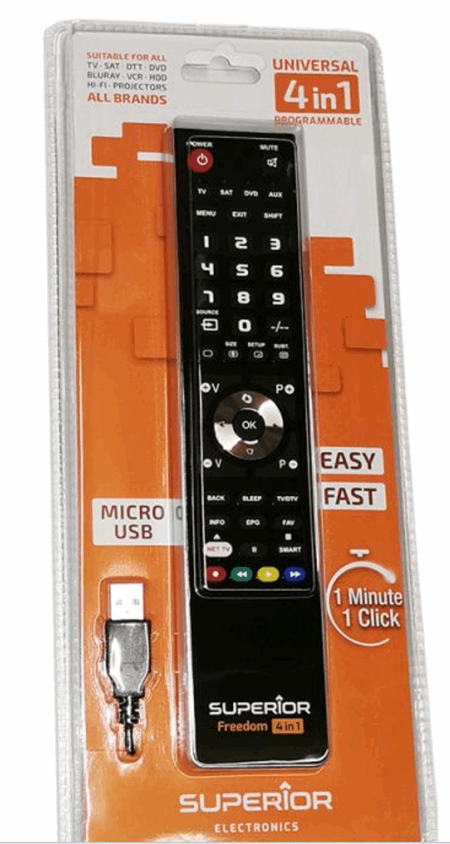 Universal fjernkontroll Micro-USB PROG. 4-IN-1, SVART